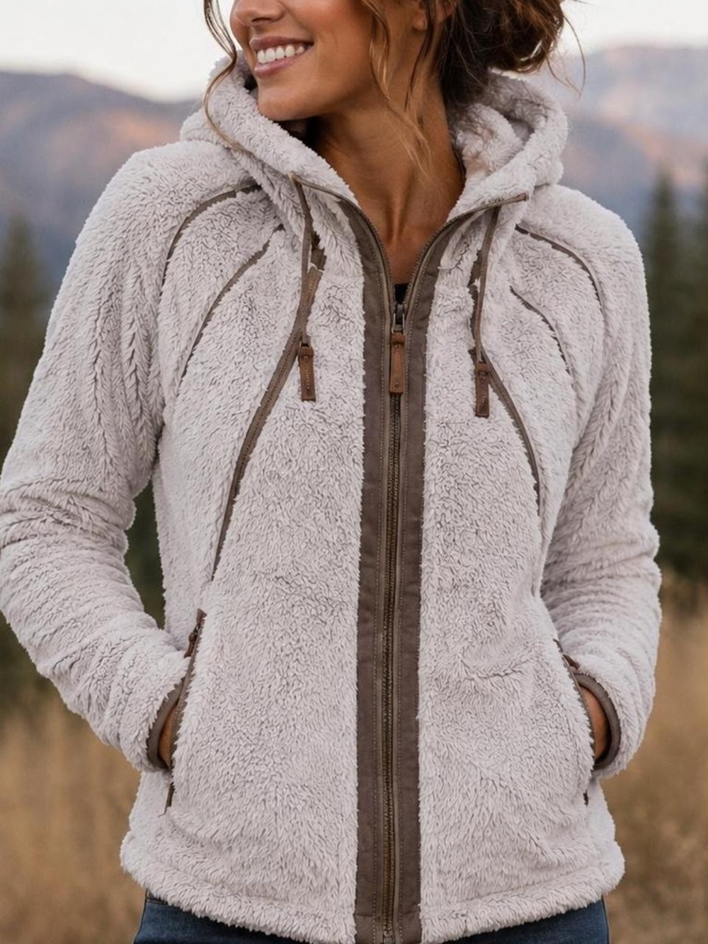 KÜHL Flight Jacket Womens Large Oatmeal Fleece Zip Stowaway Hood, Large